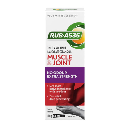 Rub-A535 Muscle & Joint No Odour Extra Strength Pain Relief Cream - Made in Canada, Fast Acting Pain Relief, 50% More Pain Relieving Ingredients, No Odour, Stainless and Greaseless - 100g