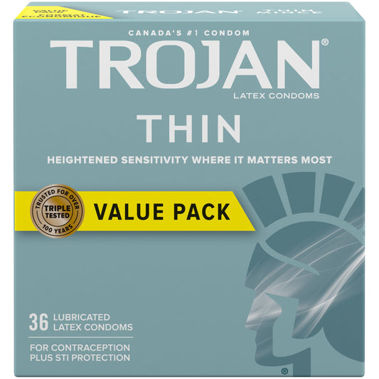 TROJAN Thin Lubricated Latex Condoms, 36 Count, Thinnest Where a Man is Most Sensitive for More Pleasure, Bringing You Closer, Silky Smooth Lubricant for Extra Comfort and Sensitivity.