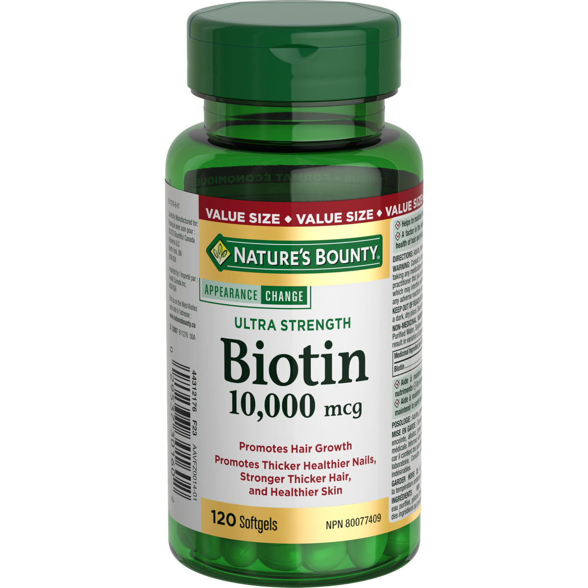 Nature's Bounty Biotin, 10000mcg, Softgels, Promotes Hair Growth, Thicker Hair, Healthy Skin and Nails, Helps body metabolize fats, carbohydrates, and proteins, 120 Count, Value SIze
