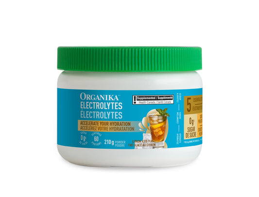 Organika Canadian-Made Electrolytes Powder- Lemon Iced Tea- Sugar-Free Hydration and Electrolyte Replenishment with Prebiotics and Vitamin C- 210g - 60 servings