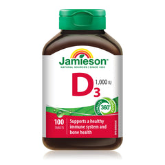 Jamieson Vitamin D3 1,000 IU Tablets, Supports Immune Health, Strong Bones, and Teeth, Enhances Calcium and Phosphorus Absorption. Vegetarian, Non-GMO, Gluten-Free, One Per Day, 100 Count, Proudly Canadian