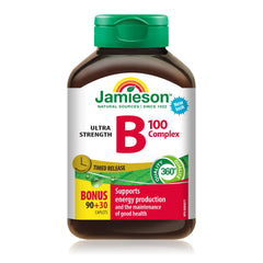 Jamieson Vitamin B100 Complex Caplets, Timed Released, Ultra Strength, Naturally Energizing, and Supports Metabolism. Vegetarian, Non-GMO, Gluten-Free, 120 Count, Proudly Canadian