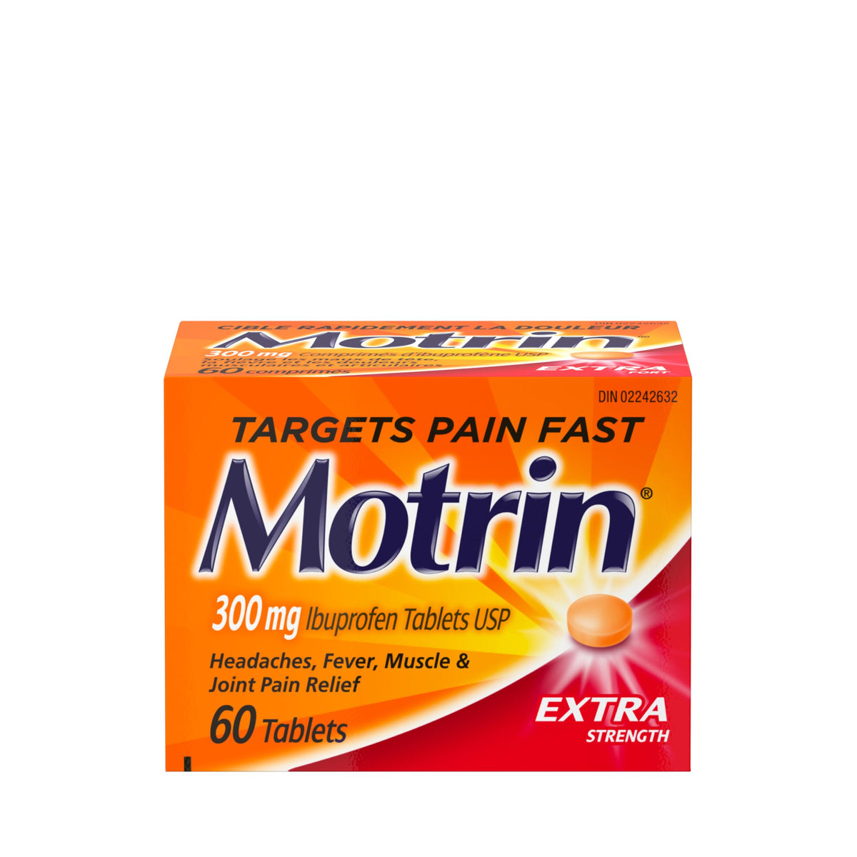 Motrin Ibuprofen, Extra Strength Tablets, Pain Reliever for Menstrual Pain, Back Pain, 300mg, 60 Tablets, orange