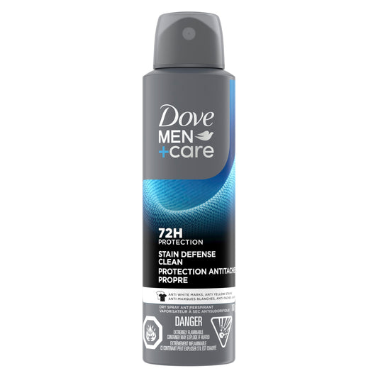 Dove Men+Care Antiperspirant Deodorant Dry Spray For Men Anti-White Marks & Yellow Stains, 72-hour Sweat and Odour Protection Stain Defense Clean with Triple Defense Technology, 107g