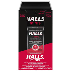 HALLS Minis No Sugar Added, Cherry Flavour Cough Drops, Throat Lozenges, Sore Throat Relief, Mentho-Lyptus, 24 Lozenges, Prepared in Canada