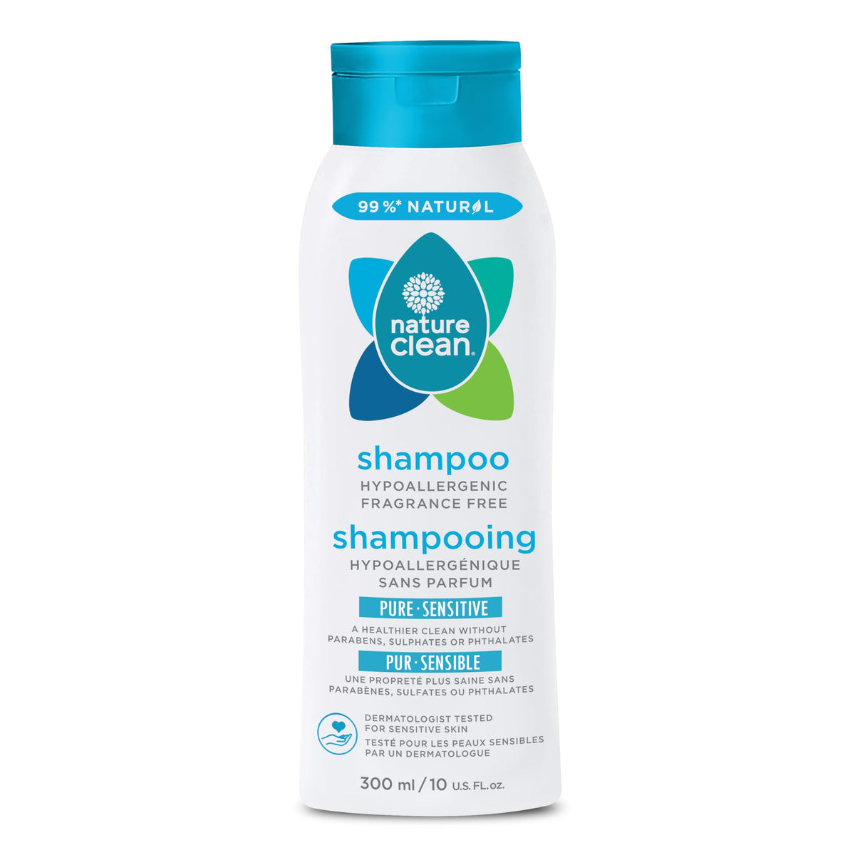 Nature Clean Pure Sensitive Shampoo, Hypoallergenic, Fragrance Free, Sensitive, Dermatologist Tested, 300 ml,10 Oz