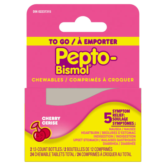 Pepto Bismol To Go Chewables | 5 Symptom Stomach Relief | Regular Strength | Cherry Flavour | 2x12 Chewables | For Nausea, Heartburn, Indigestion, Upset Stomach & Diarrhea Relief
