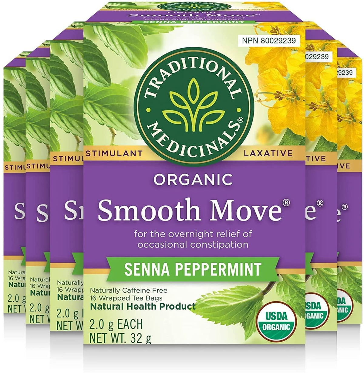 Traditional Medicinals - Organic Smooth Move Peppermint Laxative Herbal Tea (Pack of 6) - Gentle Overnight Relief of Occasional Constipation - 96 Tea Bags Total