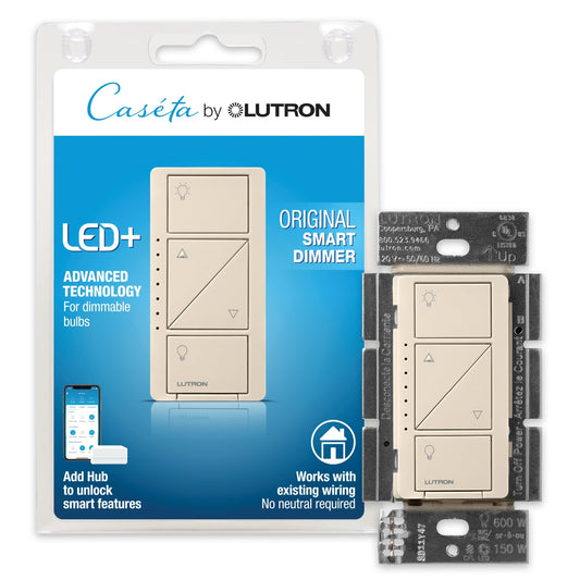 Lutron PD-6WCL-LA Caseta Wireless 600/150-Watt Single Pole In-Wall Dimmer, Light Almond