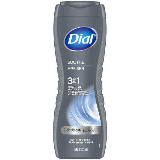 Dial Men 3in1, Body, Wash, Hair Wash, Face Wash, Soothe, Infinite Fresh Scent, 473ml, Dermatologist Tested, Free from Silicones, Parabens, Phthalates
