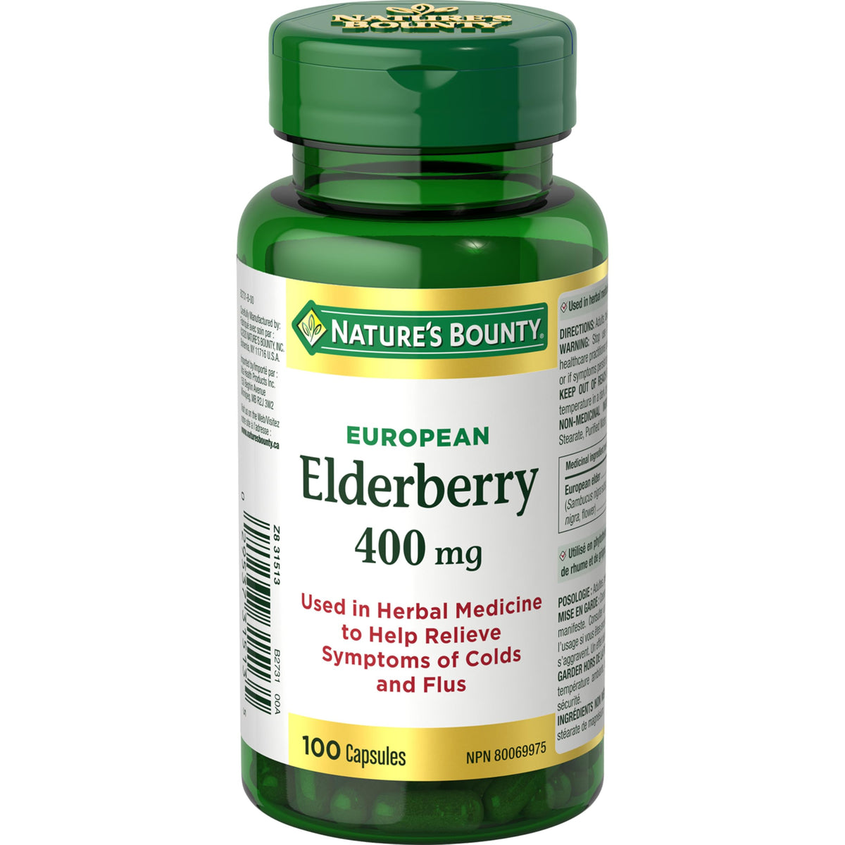 NATURE'S BOUNTY European Elderberry, 400 mg, Helps Relieve Cold And Flu Symptoms, Used In Herbal Medicine, Capsules, 51.2 g