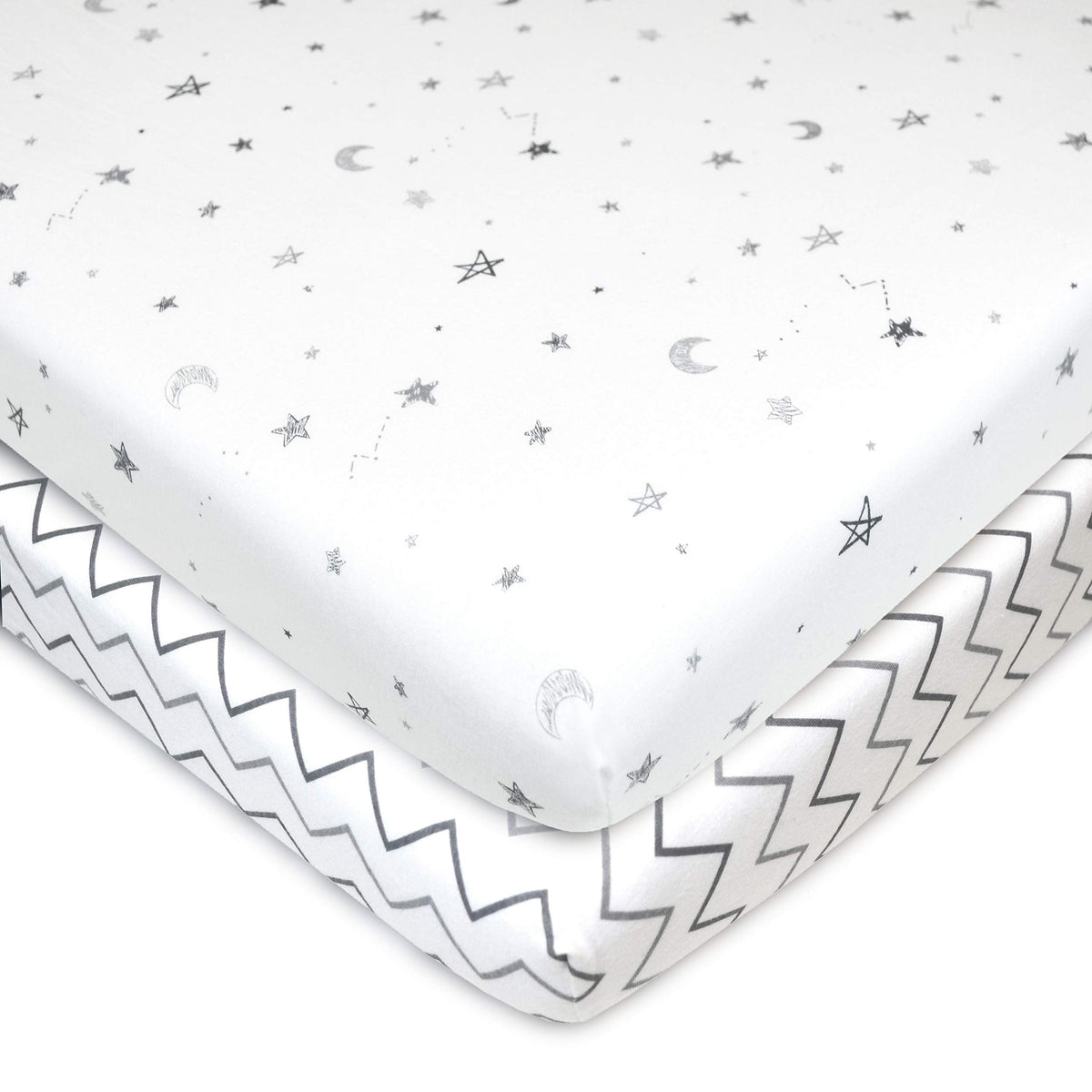 American Baby Company 2 Pack 100% Natural Cotton Fitted Pack and Play Sheets 39" x 27" - Soft & Breathable Pack N Play Sheets for Playard & Mini Crib Mattress, Grey Stars/Zigzag, for Boys & Girls