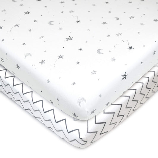 American Baby Company 2 Pack 100% Natural Cotton Fitted Pack and Play Sheets 39" x 27" - Soft & Breathable Pack N Play Sheets for Playard & Mini Crib Mattress, Grey Stars/Zigzag, for Boys & Girls