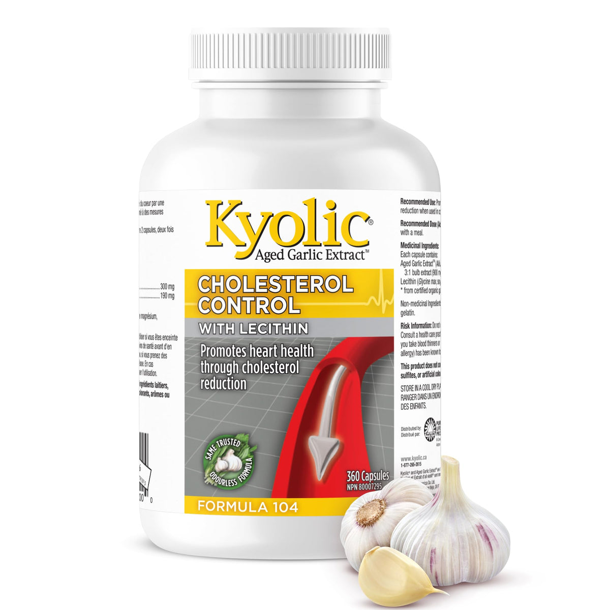 Kyolic - Cholesterol Control with Lecithin, 360 Capsules 90-Day Supply - Cholesterol Formula 104 - Kyolic Aged Garlic Extract Capsules - Promotes Heart Health and Immune System Support