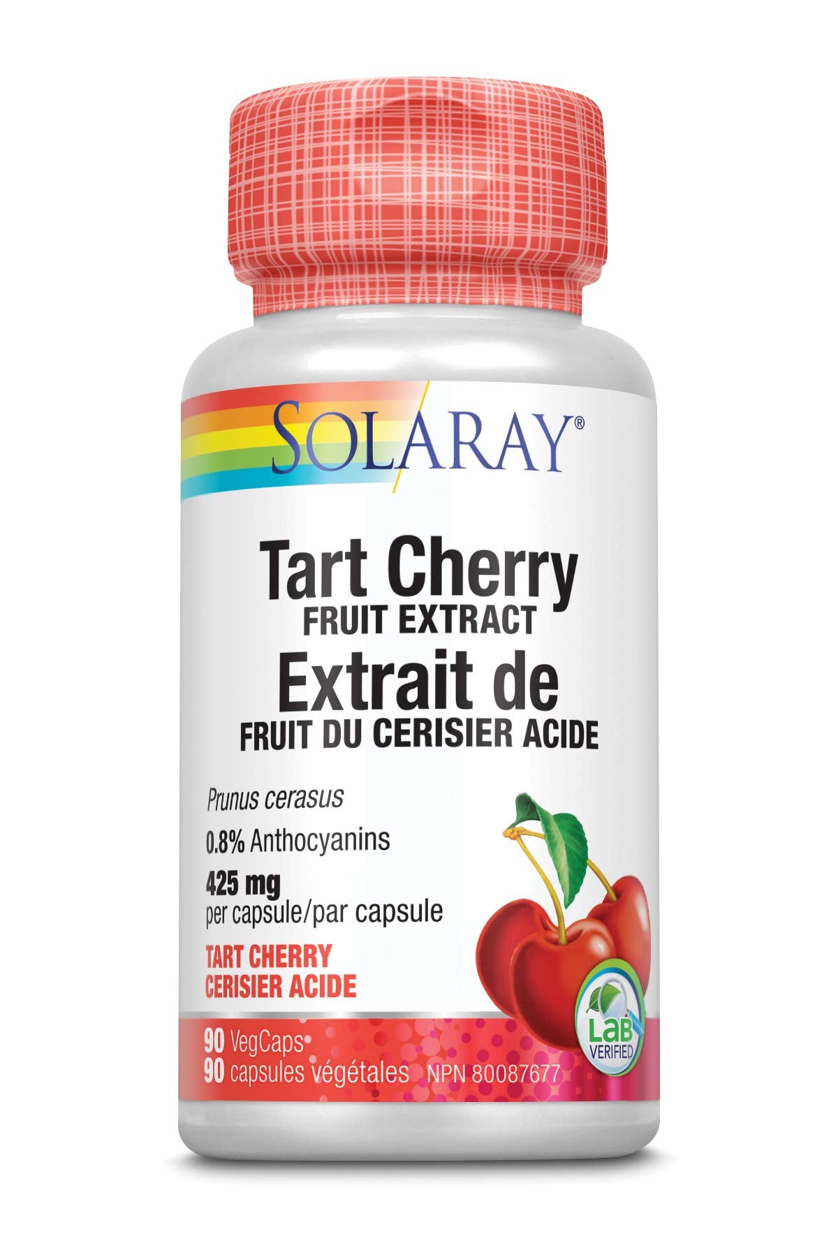 SOLARAY – Tart Cherry Fruit Extract, 425mg | Herbal Support | Prunus Cerasus, 0.8% Anthocyanins | Dietary Supplement | Non-GMO, Vegan, Lab Verified | 90 Vegetarian Capsules