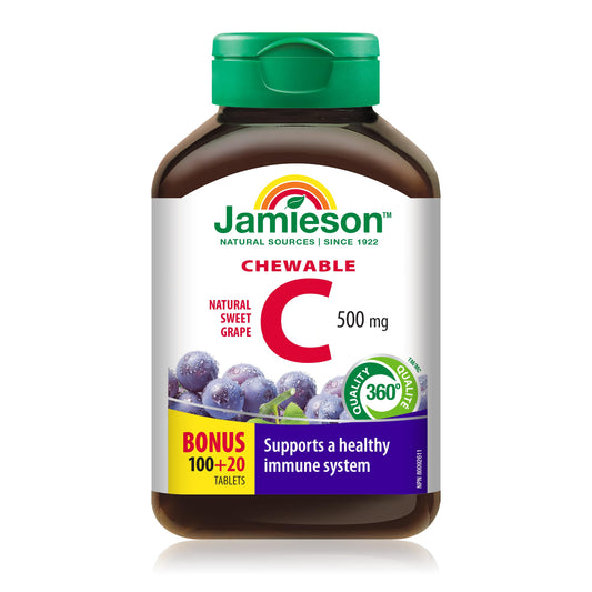 Jamieson Chewable Vitamin C 500 mg Natural Sweet Grape Flavour, Supports Immune Health, Strong Teeth and Bones. Family Friendly (4+), Vegetarian, Non-GMO, Gluten-Free, No Artificial Flavours, Colours, or Preservatives, 120 Count, Proudly Canadian