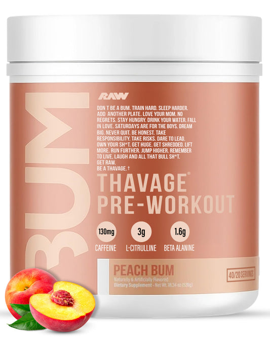RAW Thavage Pre Workout - Peach Bum | Chris Bumstead Pre Workout Formula, Sports Nutrition Pre-Workout Powders | Men & Womens Preworkout Drink, Energy Powder for Working Out | 40 Servings