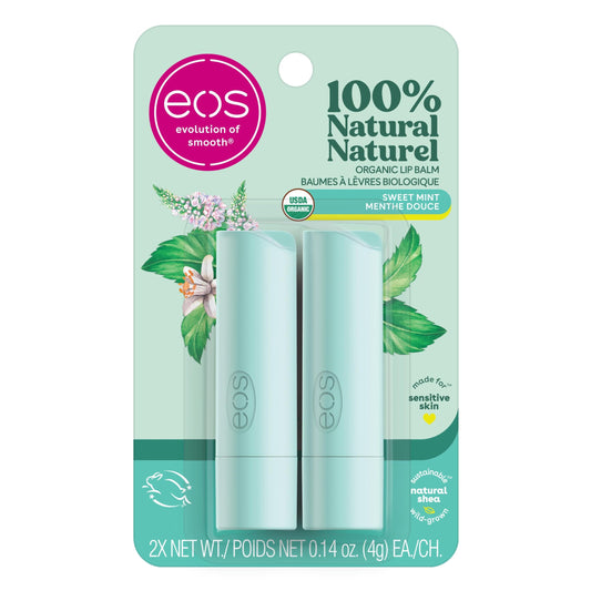 eos 100% Natural and Organic Lip Balm Sticks, Sweet Mint, 8g, 2 Pack