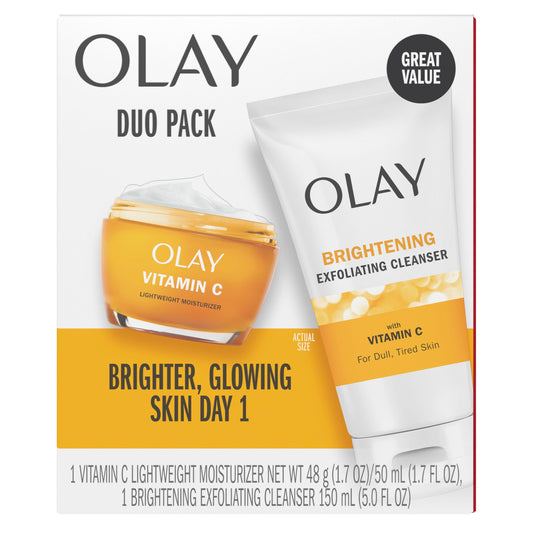 Olay Vitamin C Duo Pack, Brightening Exfoliating Cleanser 150 ml, Lightweight Moisturizer 50 ml, 4 Count Vit Cleansing Melts