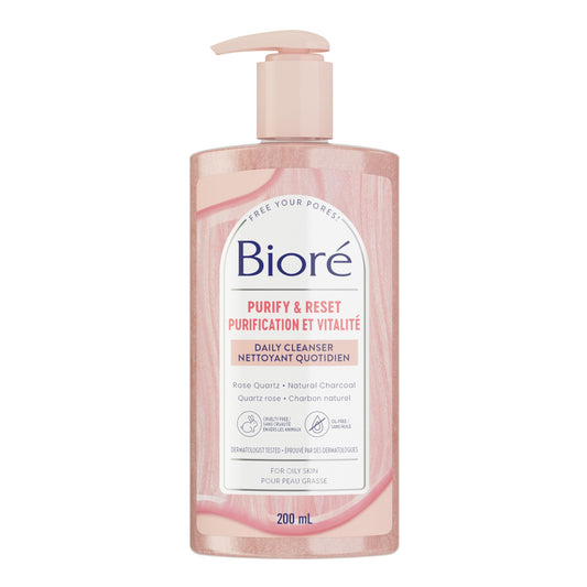 Bioré Rose Quartz + Charcoal Daily Purifying Cleanser, Face Wash for Oily Skin (200 mL) | Pink, Packaging May Vary