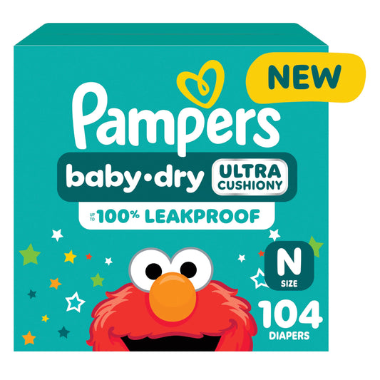 Pampers Baby Dry Diapers Newborn - Size 0, 104 Count, Absorbent Disposable Diapers