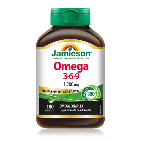 Jamieson Omega-3-6-9 1,200 mg, No Fishy Aftertaste, Fish Oil, Borage Oil, and Flaxseed Oil. Supports Heart and Brain Health, with EPA, DHA, and ALA, Non-GMO, Gluten-Free, 180 Softgels, Proudly Canadian