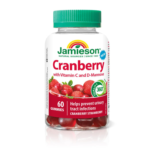 Jamieson Cranberry 10,000 mg Gummies, Cranberry Strawberry Flavour, with Vitamin C and D-Mannose. Provides UTI Protection, Immune Support, Vegetarian, Non-GMO, No Artificial Colours, Flavours, or Preservatives, 60 Count
