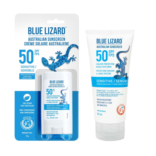 BLUE LIZARD Sensitive SPF 50 Duo Pack for Face and Body, Mineral Sunscreen, Non-Greasy Sunscreen Lotion for Sensitive Skin, Travel-Size Zinc Oxide Sunscreen Stick, 2 Count, 89ml Tube, 14g Stick