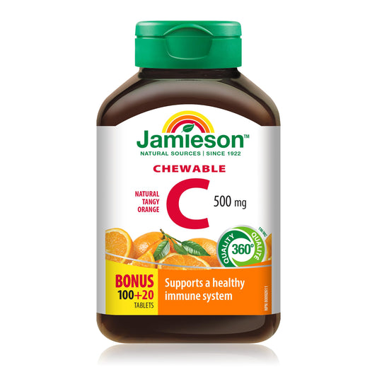 Jamieson Chewable Vitamin C 500 mg Natural Tangy Orange, Supports Immune Health, Strong Teeth and Bones. Family Friendly (4+), Vegetarian, Non-GMO, Gluten-Free, No Artificial Flavours, Colours, or Preservatives, 120 Count, Proudly Canadian
