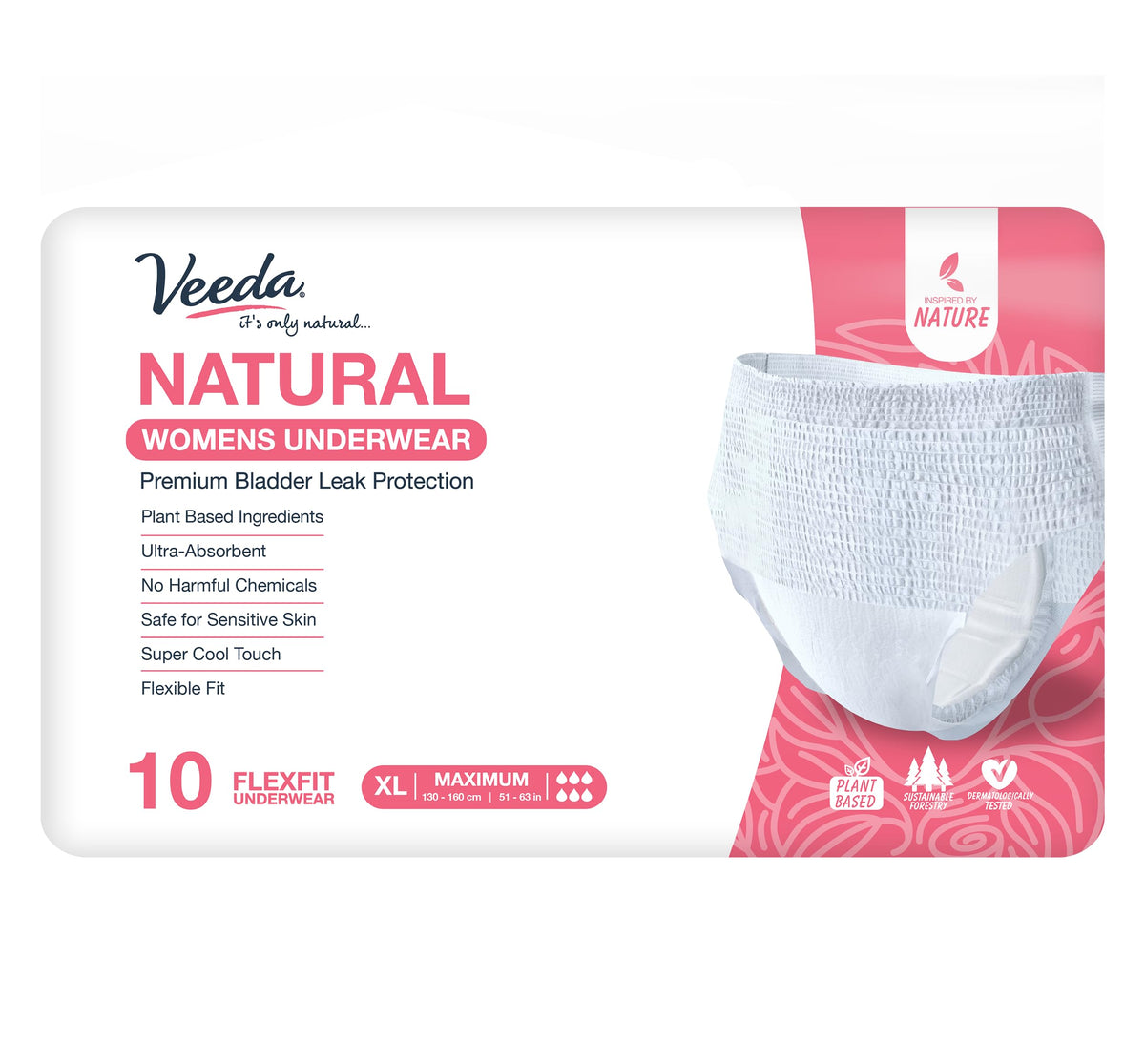 Veeda Natural Adult Incontinence Underwear for Women - Postpartum Underwear for Bladder Leakage Protection - Disposable Underwear with Maximum Absorbency - X-Large Size - 10 Count