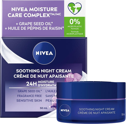 NIVEA Soothing Night Face Cream, 24H Moisture 50 mL | Night Face Moisturizer for Sensitive Skin with Grape Seed Oil