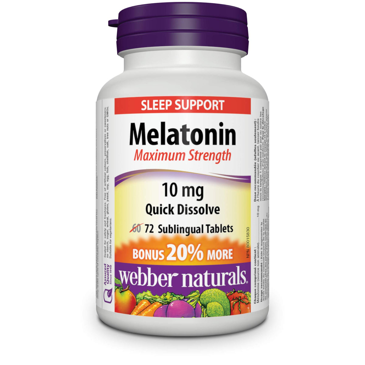 Webber Naturals Melatonin 10 mg Maximum Strength, 72 Quick Dissolve Tablets, For Sleep Support, Vegetarian