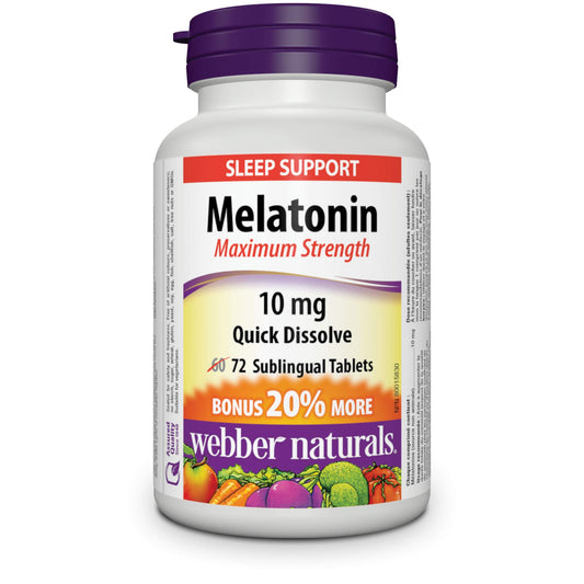 Webber Naturals Melatonin 10 mg Maximum Strength, 72 Quick Dissolve Tablets, For Sleep Support, Vegetarian