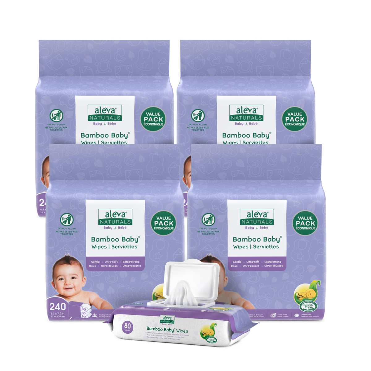 Aleva Naturals Bamboo Baby Wipes 960 Count, Extra Strong and Soft Diaper Wipes, Hypoallergenic, Biodegradable and Soft Wet Wipes - Pack of 4