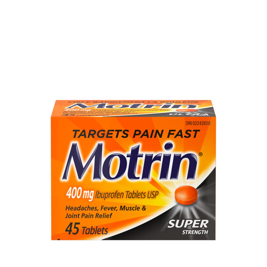 Motrin Super Strength Tablets, Pain Reliever for Menstrual Pain, Headaches, Back Pain, Ibuprofen 400mg, 45 Tablets