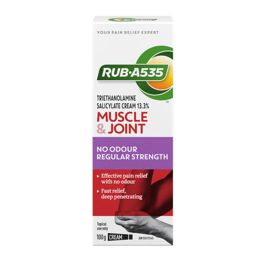 Rub-A535 Muscle & Joint No Odour Regular Strength Pain Relief Cream - Made in Canada, Fast Acting Pain Relief, No Odour, Stainless and Greaseless, Works on Contact- 100g