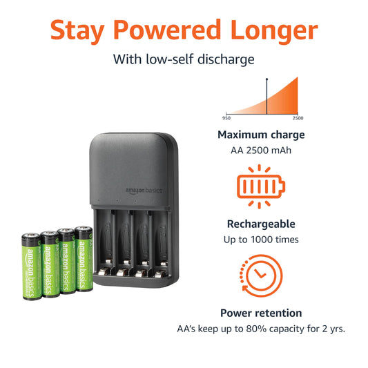 Amazon Basics Rechargeable AA Batteries NiMH (x4) with 4 Bay Battery Charger, Type A (American) Plug