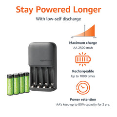 Amazon Basics Rechargeable AA Batteries NiMH (x4) with 4 Bay Battery Charger, Type A (American) Plug