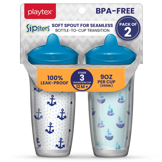 Playtex Baby Sipsters Hard Spout Sippy Cup for 12+ Months, 9 Ounce (2 Count), Blue Anchor & Sailboat Design, Insulated Toddler Water Bottle for Kids, Spill-Proof Cups for Toddlers 1-3, Stage 3
