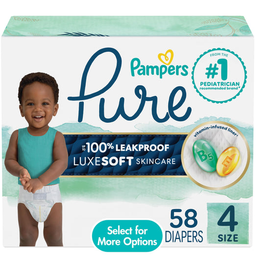 Pampers Pure Baby Diapers, Size 4, Up to 100% Leakproof, Premium Hypoallergenic Soft Diapers, 1 Pack (Count of 58)