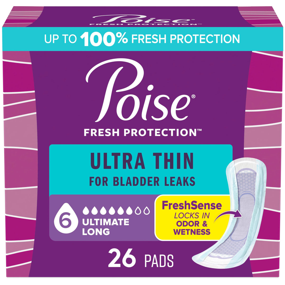 Poise Ultra Thin Incontinence Pads & Postpartum Incontinence Pads, 6 Drop Ultimate Absorbency, Long Length, 26 Count