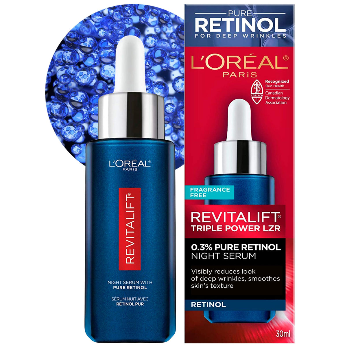 L'Oreal Paris 0.3% Pure Retinol Serum for Face, Night Serum Visibly Reduces the Look of Deep Wrinkles & Smoothes Texture, Revitalift Derm Intensives, 30ml