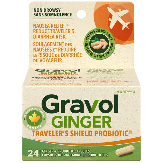 Gravol Ginger Traveler's Shield Probiotic - Nausea & Upset Stomach Relief - Reduces Risk of Traveler's Diarrhea - Made in Canada - Organic Ginger with Probiotic – Non-Drowsy - 24 Capsules (Pack of 1)