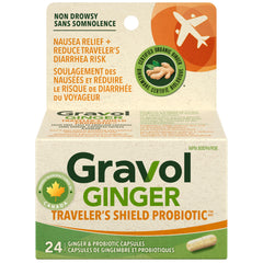 Gravol Ginger Traveler's Shield Probiotic - Nausea & Upset Stomach Relief - Reduces Risk of Traveler's Diarrhea - Made in Canada - Organic Ginger with Probiotic – Non-Drowsy - 24 Capsules (Pack of 1)