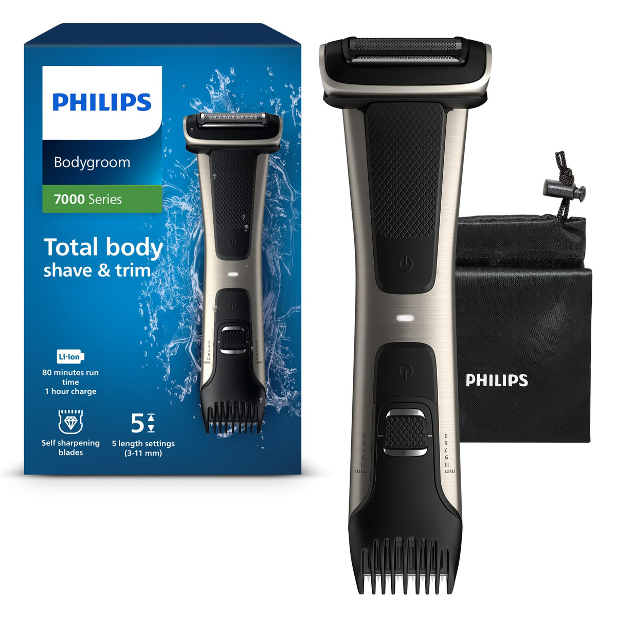 Philips Bodygroom 7000 Series, Showerproof Groin and Body Trimmer, Precise Body Grooming, Adjustable Comb, Safe Even Below the Belt, 80 Min. Runtime, Model BG7025/15