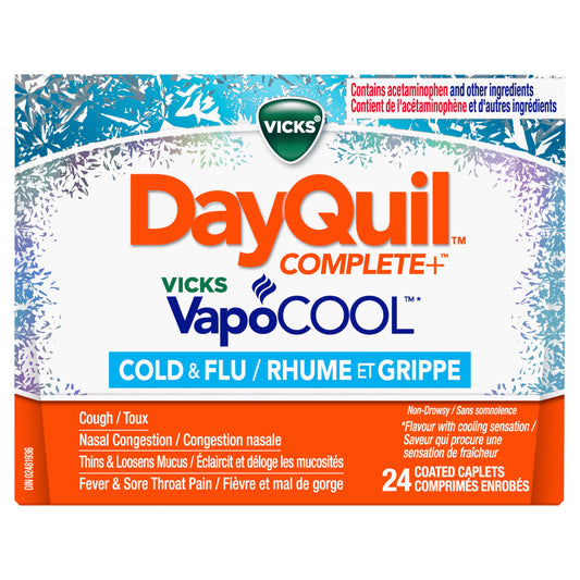 Vicks DayQuil COMPLETE Vicks VapoCOOL Cold and Flu Medicine, Non-Drowsy Daytime Multi-Symptom Relief for Cough Suppressant, Nasal Congestion, 24 Caplets