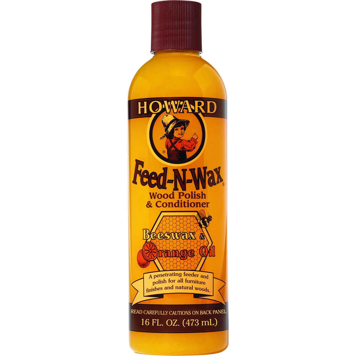Howard Products Beeswax Wood Polish & Conditioner, Feed-N-Wax, Beeswax Furniture Polish For Wood, 16 Oz, Orange
