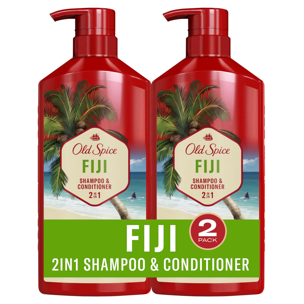 Old Spice Fiji with Coconut 2in1 Shampoo and Conditioner for Men, 1.3 L Total (2 Count of 650 mL Each)