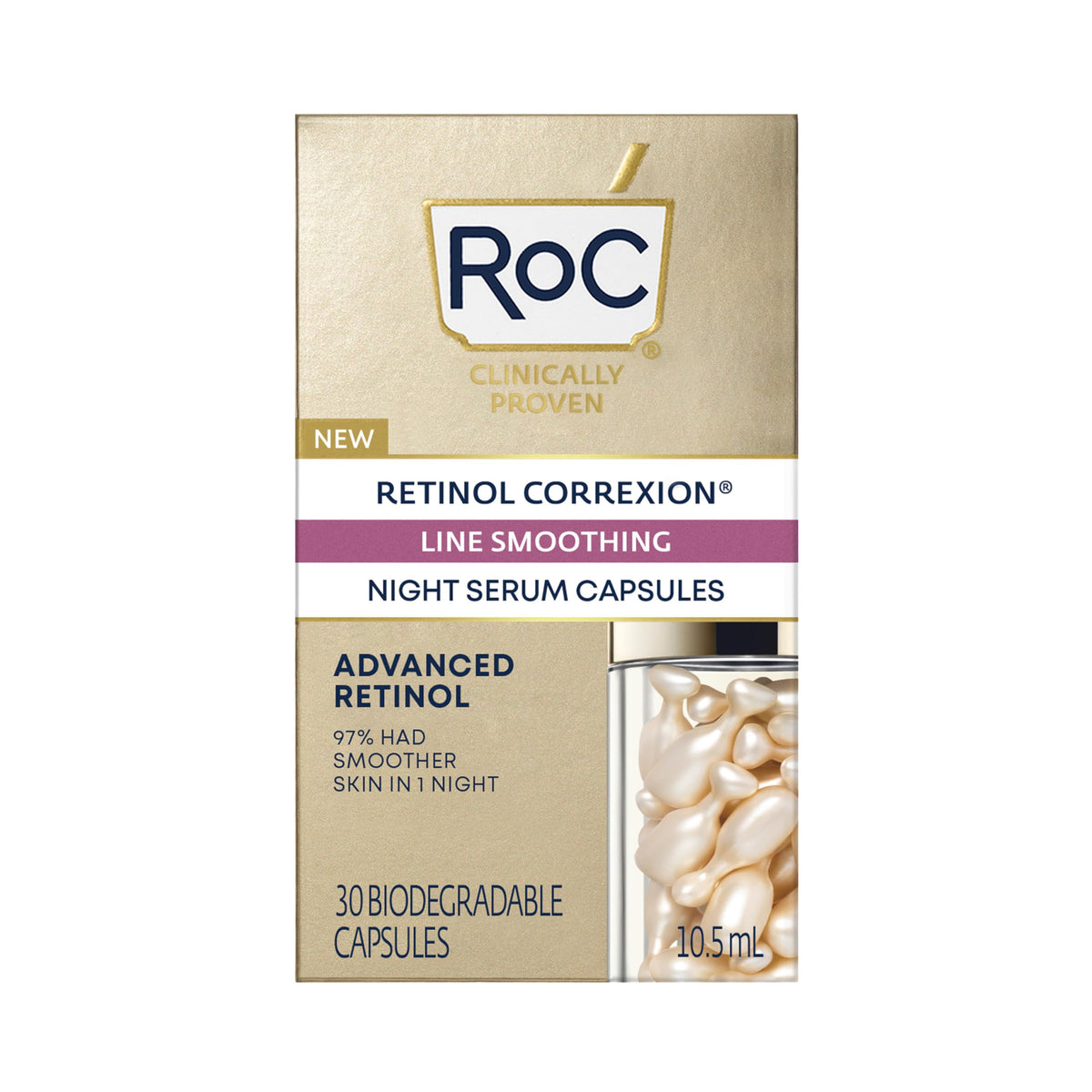 RoC Retinol Correxion line smoothing Night Serum Capsules, Clear, 30 Count