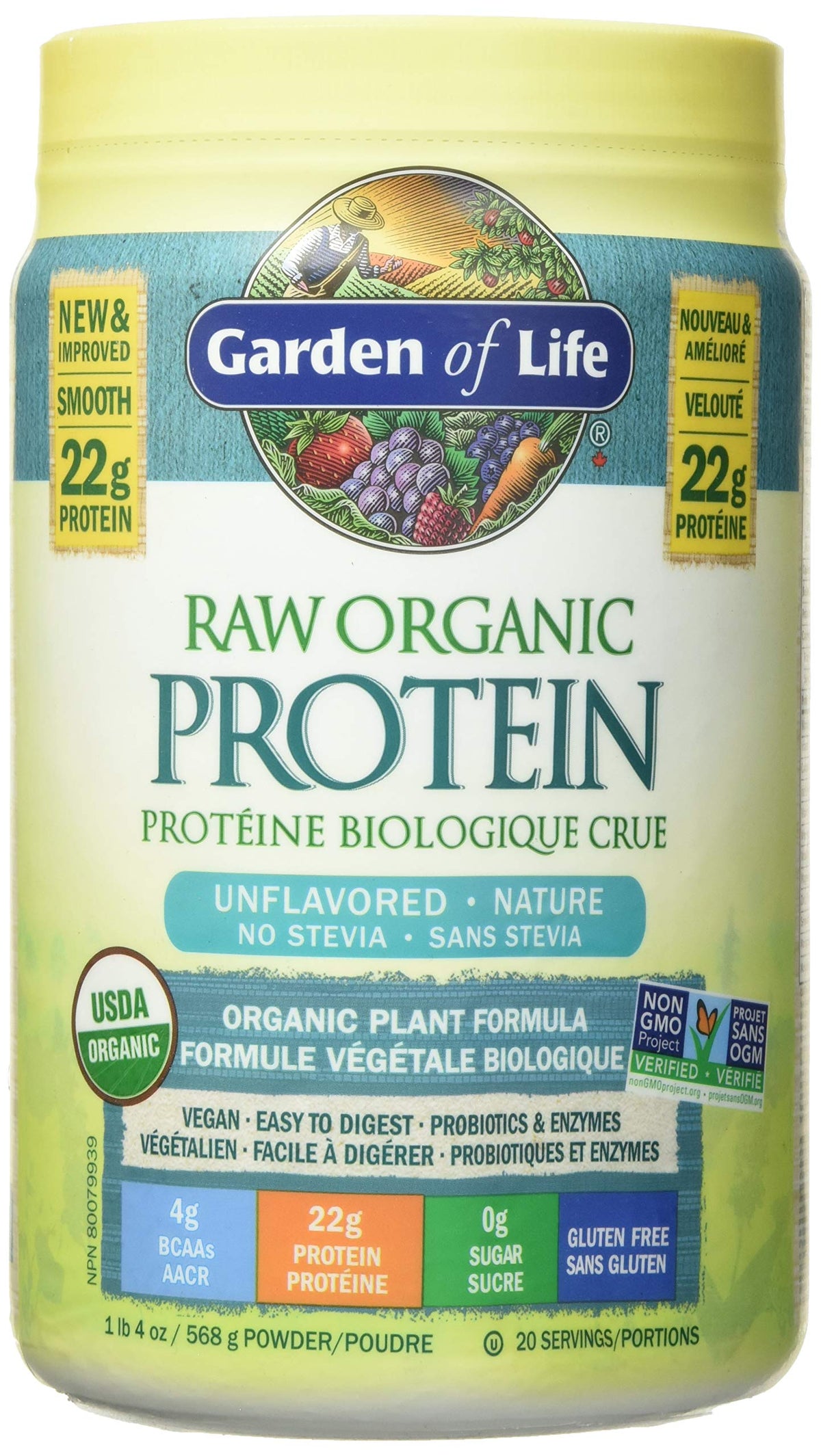 Garden of Life Raw Organic Protein Powder, Unflavoured, 568 g, 22 g Plant-Based Protein per Serving, With Sprouted Grains, Seeds & Legumes, Vegan Protein for Muscle Recovery